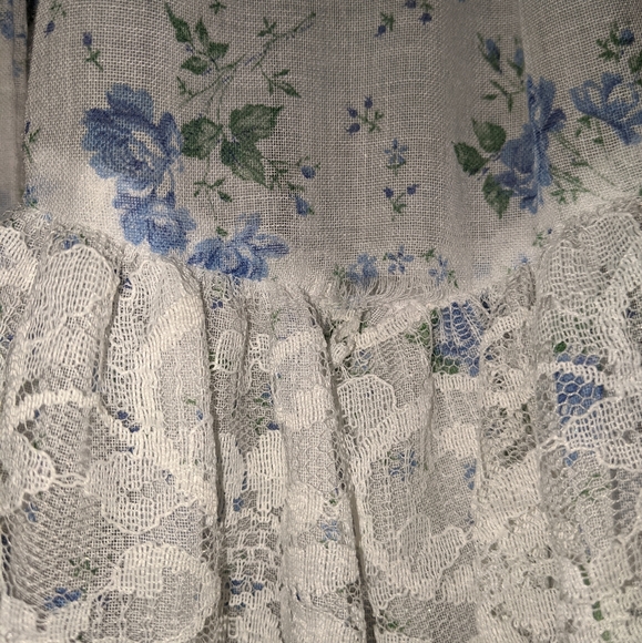 Gunne Sax White Sheer Pillow Sleeve Corset Lace Up Blue Floral Prairie Dress - Picture 16 of 16